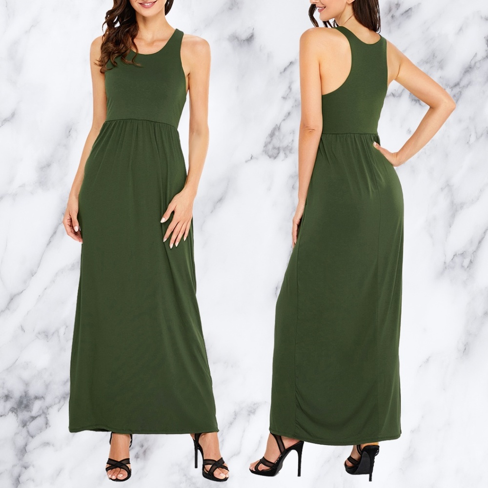 Olive Green Racerback Sleeveless Maxi with Pockets